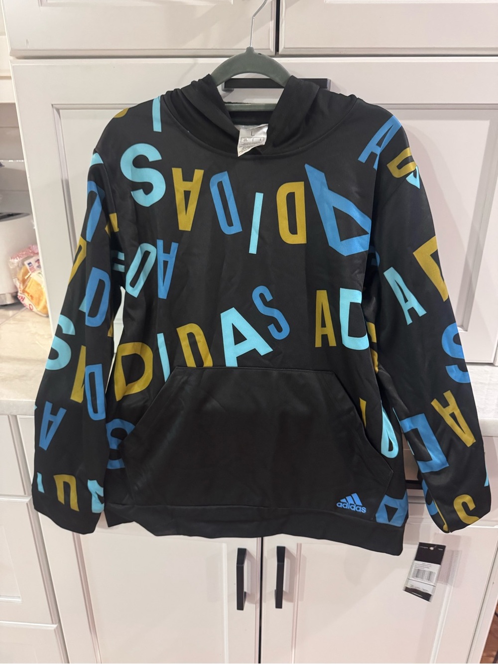 adidas Black Hoodie with Blue & Gold Lettering All-Over